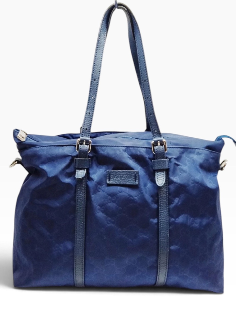 GUCCI Blue GG Monogram Nylon Tote Shoulder Bag Leather Trim Large